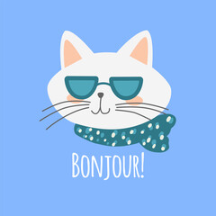 Cute cat in sunglasses with Bonjour word, hello in French. Characters, stickers, t-shirt designs.