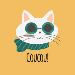 Cute cat in sunglasses with coucou word, hi in French. Characters, stickers, t-shirt designs.