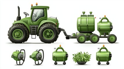 A powerful green tractor with a large attached tank and smaller farming equipment is shown in a detailed illustration perfect for agriculture and machinery related projects.