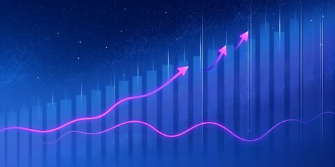 Fototapeta premium A blue background with rising bar graph and a pink wavy line with upward pointing arrows