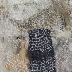 Circle of life, textile art by Kitty van den Heuvel, ecoprinted textile collage background with handstitched circle