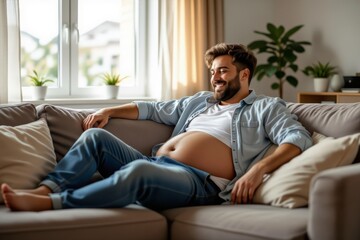 Obraz premium Man with belly fat, relaxed, reclining on beige couch in sunlit living room. Concept of weight loss journey, tackling belly fat in comfortable environment.