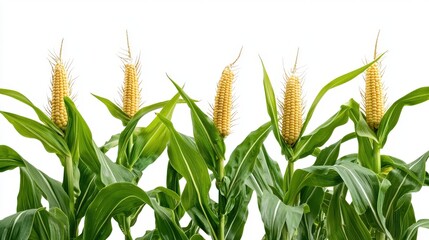 Five vibrant young corn plants with immature ears of corn are displayed against a clean white background illustrating agricultural growth and harvest potential.