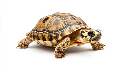 Fototapeta premium A young yellow-footed tortoise crawls forward on a pristine white background showcasing its intricate patterns and vibrant colors in a detailed studio shot.