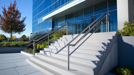Elegant concrete staircase with a brushed metal railing leading up to a modern building entrance