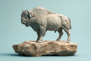 Gray bison sculpture atop a rocky outcrop.