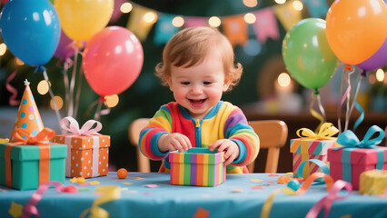 생일 파티에서 알록달록한 선물 상자를 여는 행복한 아이(Happy child opening colorful gift box at birthday party)