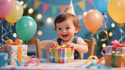 생일 파티에서 알록달록한 선물 상자를 여는 행복한 아이(Happy child opening colorful gift box at birthday party)