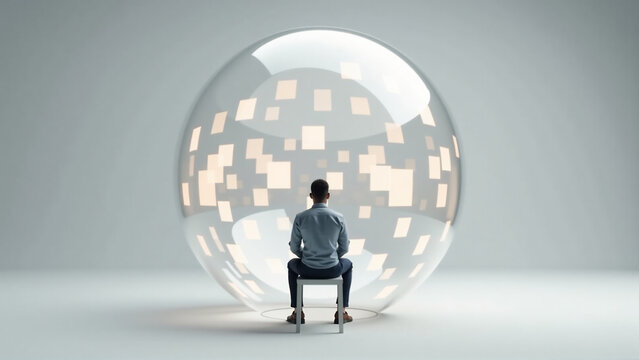 Information Bubble Concept: Person Surrounded by Echo Chamber of Biased Social Media Content