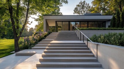 Long exterior staircase climbing upward with light gray concrete steps and a shiny metal railing