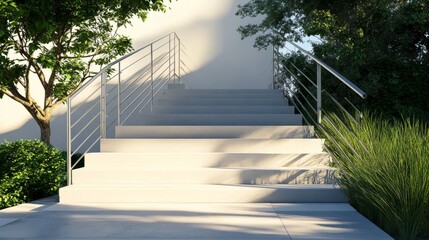 Modern outdoor staircase with smooth concrete steps and a sleek metal railing, shadows cast by afternoon sun
