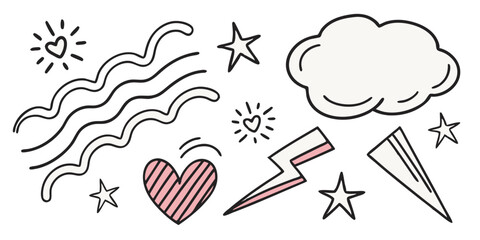 Whimsical hand-drawn sketch vector featuring clouds, lightning, hearts and stars conveying playful mood and decorative abstract emotion shapes
