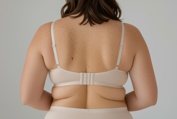 Woman with fair skin, brown hair, back fat folds visible, wearing beige bra, panties. Concept of body confidence, back fat folds, promoting weight loss journey.