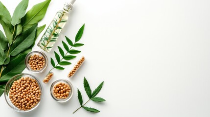 A high-angle, close-up shot depicts golden herbal supplement capsules and glass bottles with sprigs of fresh green leaves arranged on a pristine white background for a natural