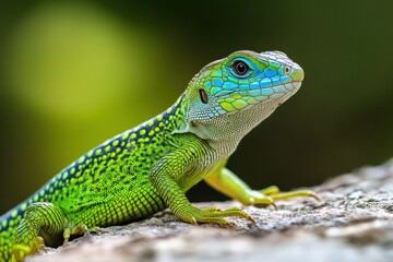 Obraz premium A colorful green lizard with a brilliant blue head is posing