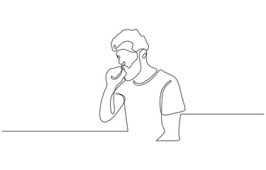 Continuous line drawing of handsome man is suffering with cough and feeling bad, One line drawing of man suffer cough and holding cest, vector illustration.