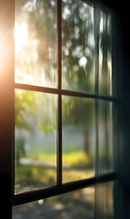 Fototapeta premium Sunlit view framed by paned window, evoking warmth and a serene natural atmosphere indoors
