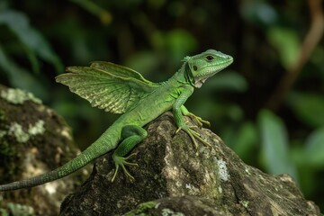 Fototapeta premium A vibrant green lizard with wing like structures perched on a rock