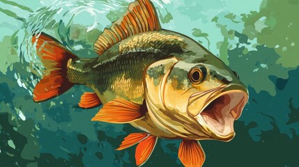 Colorful Illustration of a Freshwater Perch Underwater with Vibrant Fins and Open Mouth