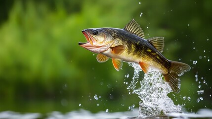 Dynamic Shot of a Freshwater Perch Jumping from the Water in Natural Surroundings With Blurred Green Background.