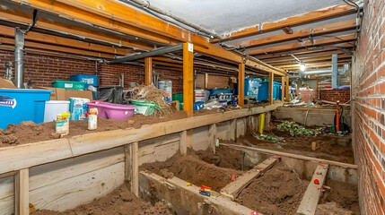 Fototapeta premium Basement renovation exposed dirt, wooden beams, and storage containers. Possible use real estate listing