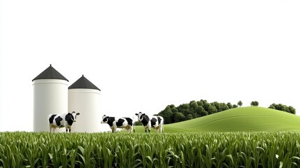 A picturesque idyllic farm scene showcases several Holstein cows grazing peacefully in a lush green field near white silos under a bright sunny sky.