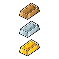 Metal Bar Vector Set Illustration Gold, Silver, Bronze in Cartoon Style