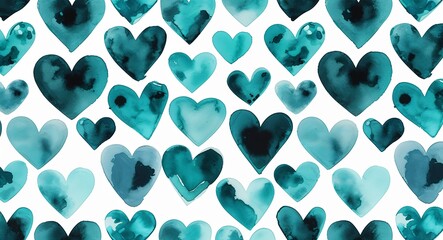 Fototapeta premium teal hearts watercolor paint abstract pattern art design on plain white background illustration