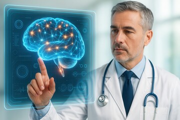 Digital Medical Futuristic Interface 3D Rendering Concept. Doctor Engaged with Digital Brain Interface Exploring Neuroscience Innovations
