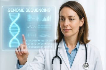 Digital Medical Futuristic Interface 3D Rendering Concept. Female Doctor Conducts Genome Sequencing Analysis with Digital Interface in Modern Laboratory