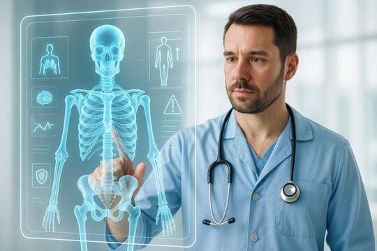 Digital Medical Futuristic Interface 3D Rendering Concept. Medical professional examining holographic skeleton display in futuristic healthcare setting