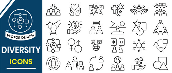 Diversity icon set. Diversity line icon vector symbol collection. Containing equality, human rights, ethnicity icons,  difference, belonging, languages, tolerance icon. Linear icon illustration. 