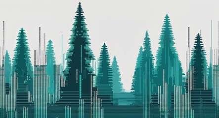 teal trees digital glitch pixel abstract pattern art design on plain white background illustration