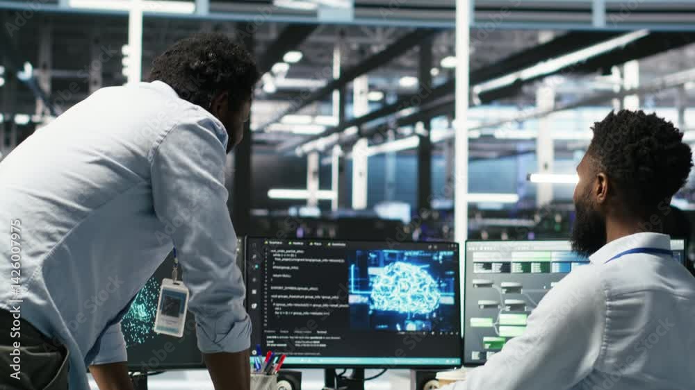 Poster server hub manager checking ai generated data analytics graphs, congratulating worker. data center t