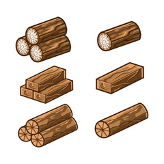 Vector Set Illustration of Wooden Logs and Boards Cartoon Style