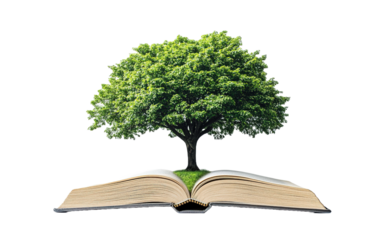 Tree is growing out of an open book on transparent or white background