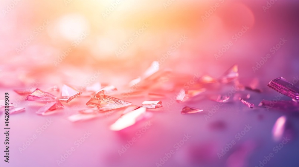 Poster frontal macro shot showcases holographic glass shards arranged on a soft white surface, reflecting v