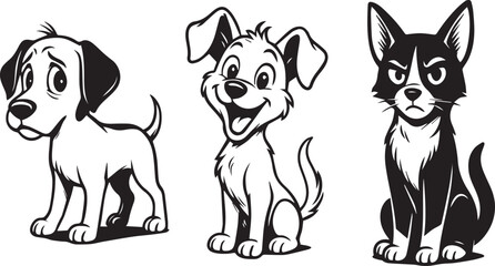 Pack of 3 Unique Full Body Vector Cartoon Dogs in Distinct Art Styles on White Background editable colors