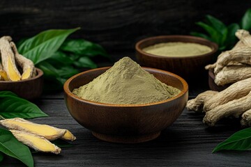 Fototapeta premium A bowl of ginger powder sits on the table, surrounded by fresh and dried ginseng roots. The background is dark wood with some green leaves in the foreground. There are more brown powder-filled
