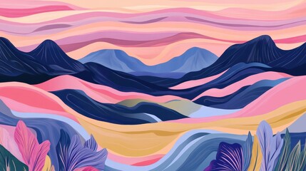 Colorful wavy mountain landscape with vibrant plants