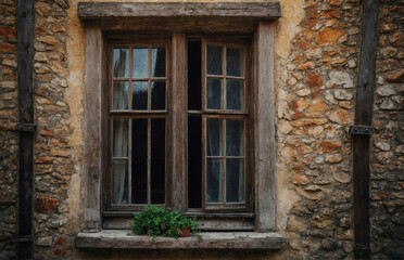 An old, weathered wooden window set in a stone wall, with a small plant on the sill.