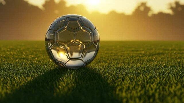 Metallic Soccer Ball at Sunset on Lush Green Field