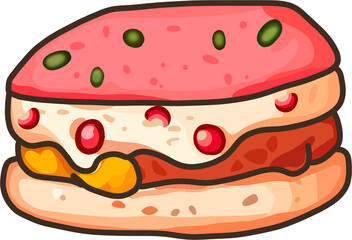 Cartoon illustration of a colorful hamburger with a pink top bun, melted cheese, a patty, and a bottom bun.