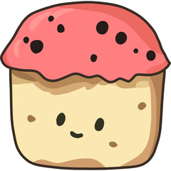 Cute, square-ish donut with a light yellow body and pink frosting with black sprinkles. It has a simple, smiling face.