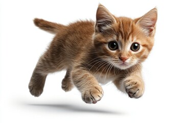 Obraz premium A cute, orange kitten jumping up against a white background, high-definition photography, high resolution