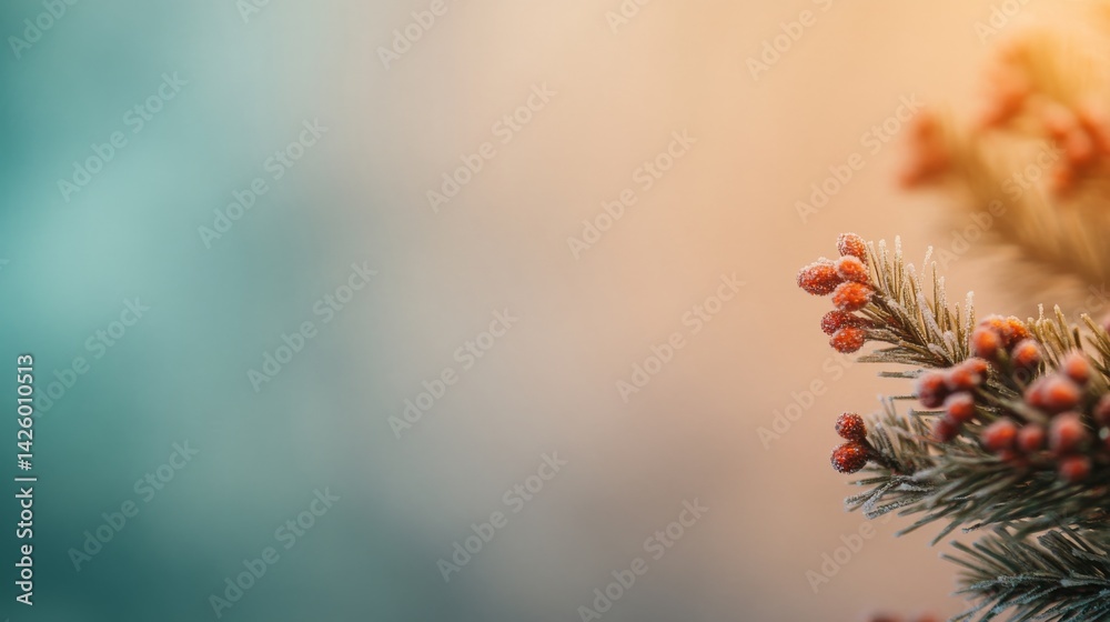 Poster frontal view of a golden pine branch adorned with tiny red ornaments and frosted tips, showcasing a 