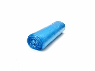 Roll of light blue garbage bags isolated on white background	