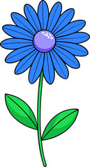 Blue Daisy with Central Dot and Leafy Stem Design, Colorful Flower Vector Illustration on Transparent Background.