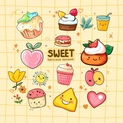 Collection of cute cartoon dessert and fruit illustrations on a light yellow grid background. Includes cupcakes, a donut, fruits, and a drink.