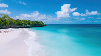stunning beach scene featuring soft white sand and clear turquoise waters under bright blue sky with fluffy clouds. tranquil atmosphere invites relaxation and exploration